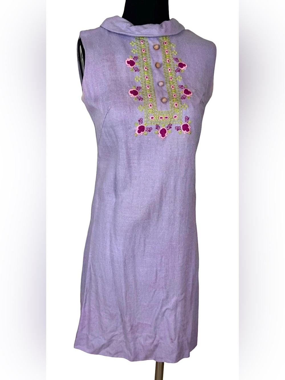 Vintage 1960s Lavender Floral Embroidered Cowl Neck Mod Shift Dress Linen XS